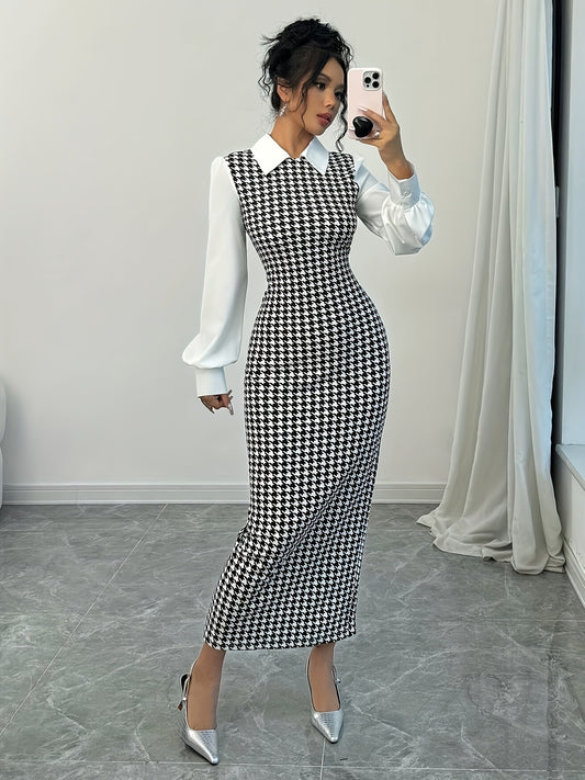 Ladies' Elegant Houndstooth Slim-Fit Lantern Sleeve Dress
