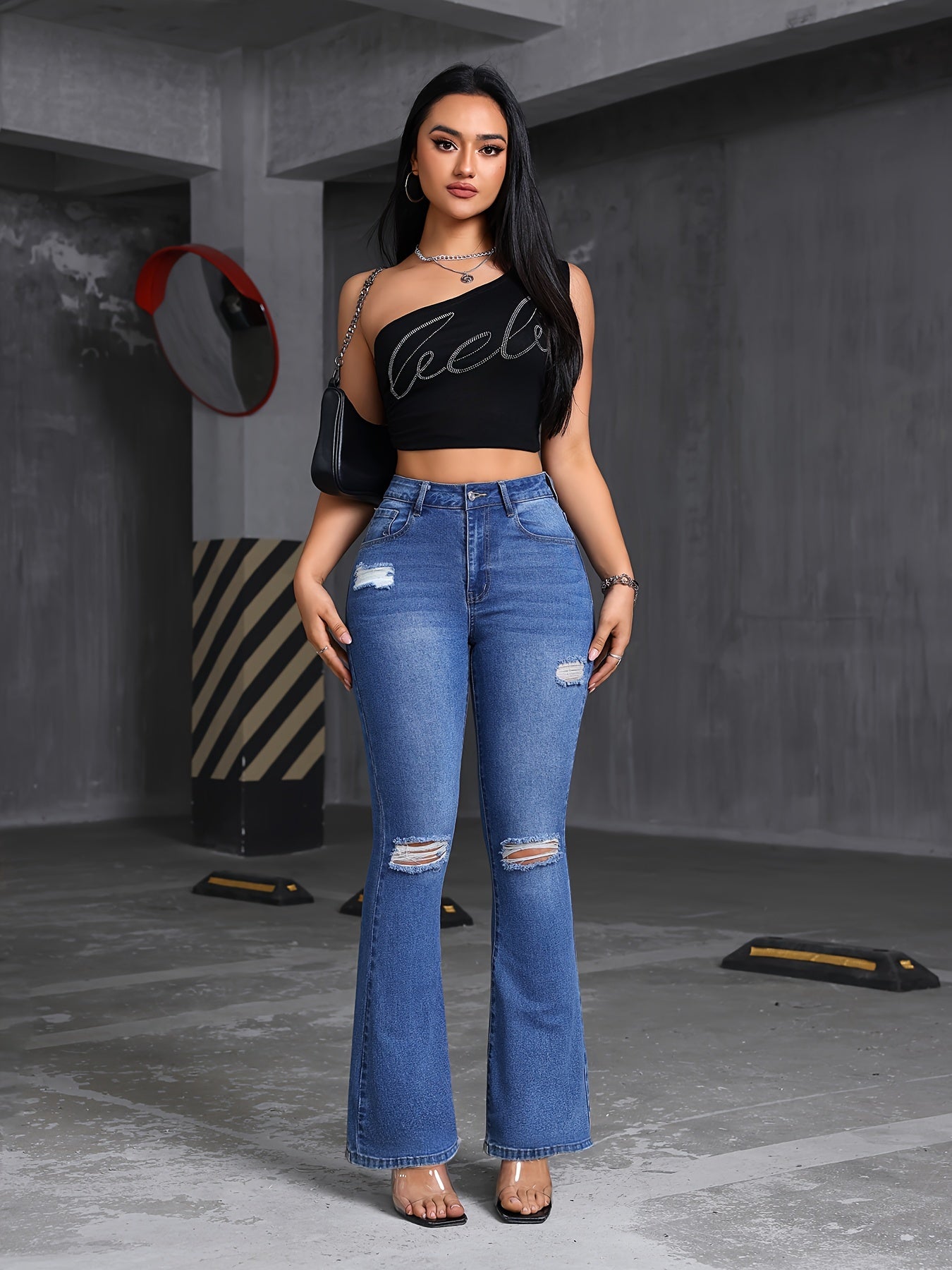 Jeans Femme Évasé Extensible Effet Déchiré Décontracté Style Bell-Bottom