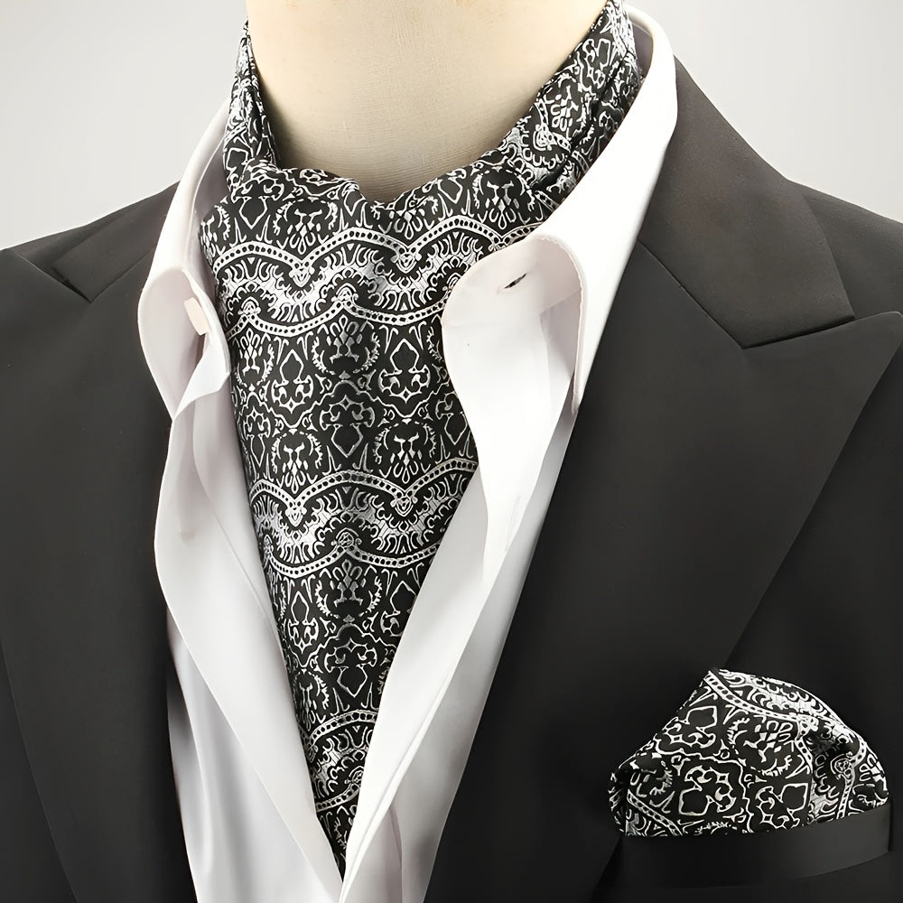 2pcs Ascot Homme – Écharpe et Pochette Style Rétro Britannique pour Mariages et Événements, Motifs Pois/Paisley/Fleur