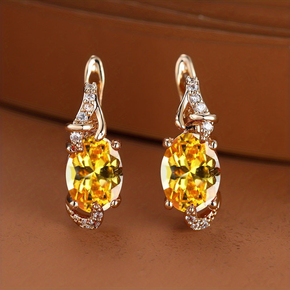 Boucles d'Oreilles Plaquées Or 18K – Pierre Colorée Taille Ovale, Style Élégant