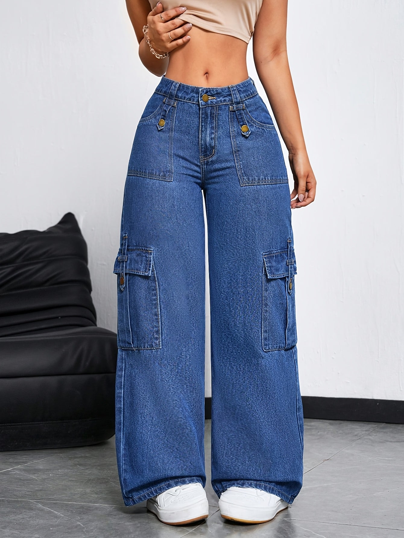 Jeans Femme Taille Haute – Jambe Large, Denim Extensible, Multiples Poches, Bleu Clair Effet Usé, Style Streetwear Décontracté