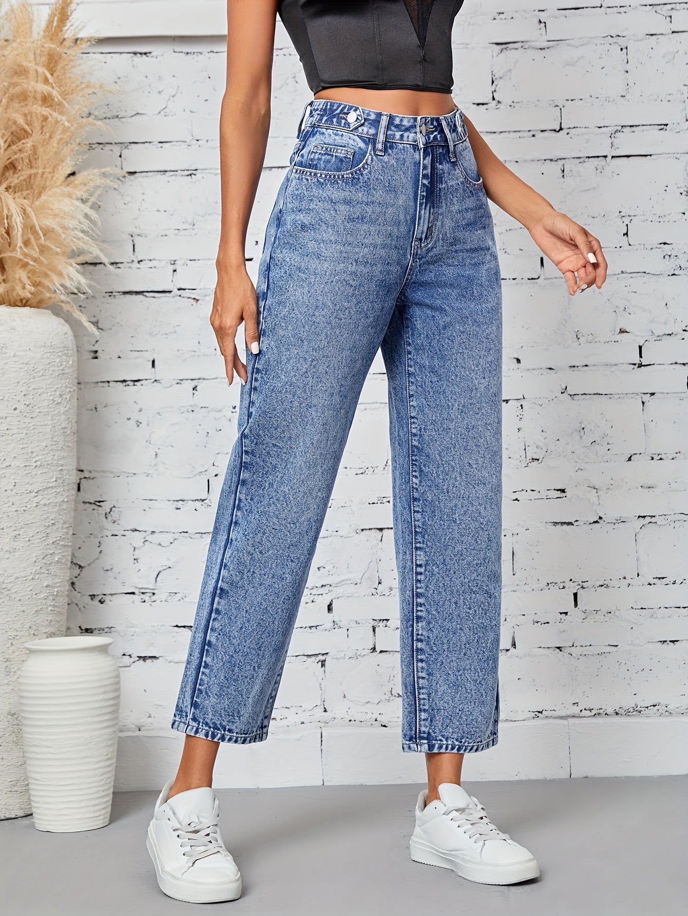 Jeans Femme Jambe Droite Décontracté Extensible Taille Mi-Haute Boutons Bleu Clair Effet Usé Toute Saison Confortable