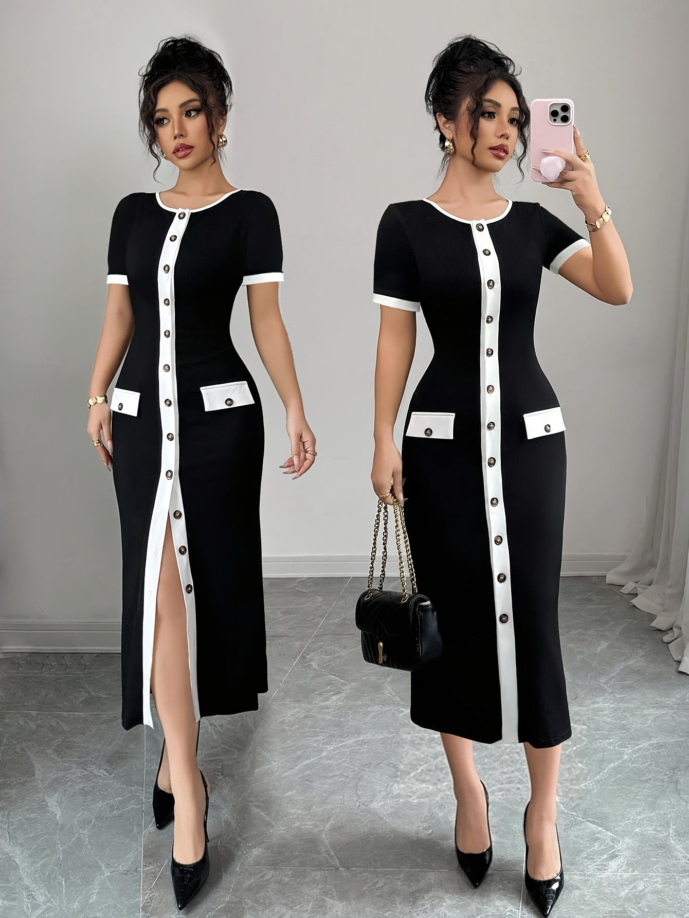 Elegant Casual Front Button Western Color-Trimmed Women's Dress