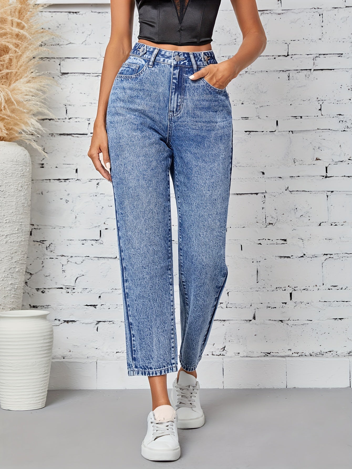 Jeans Femme Jambe Droite Décontracté Extensible Taille Mi-Haute Boutons Bleu Clair Effet Usé Toute Saison Confortable