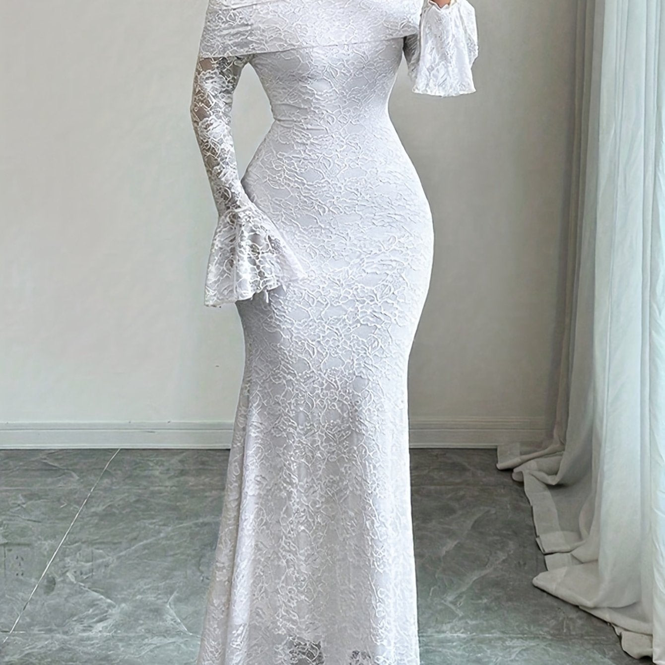 Elegant Off the Shoulder Long Dress with Contrast Lace Details | Women'S Sexy Bell Sleeves and Pendulum Style, Solid Color, Suitable for All Seasons