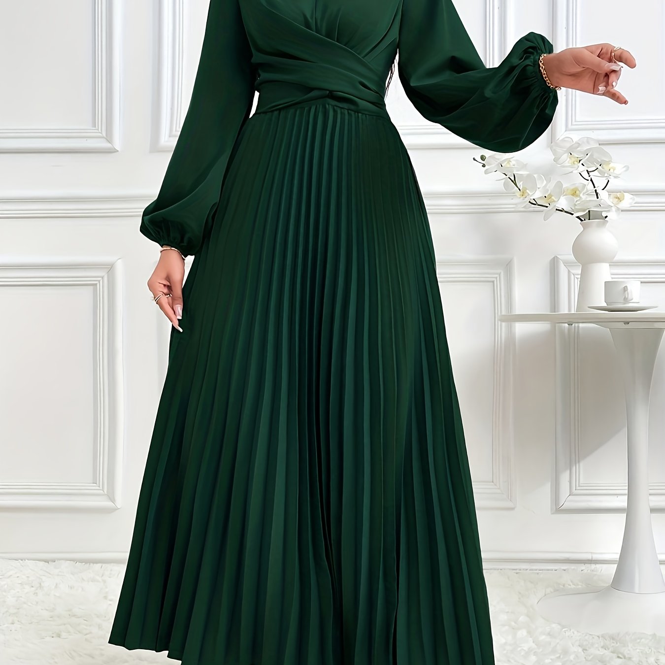 Women's Solid Color Lantern Sleeve Ruffled Elegant Arabic Dress