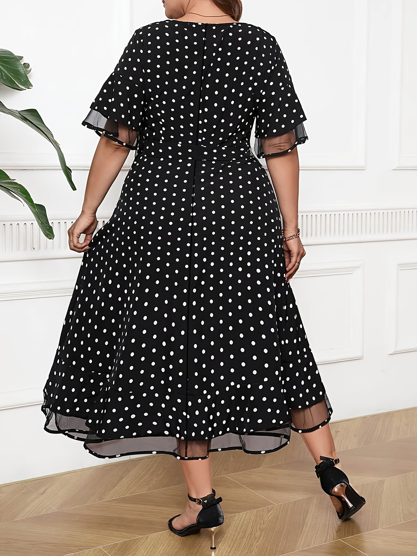 Robe Été Femme Grande Taille – Élégante, Imprimé à Pois, Col Rond, Dos à Nouer, Manches Courtes, Jupe