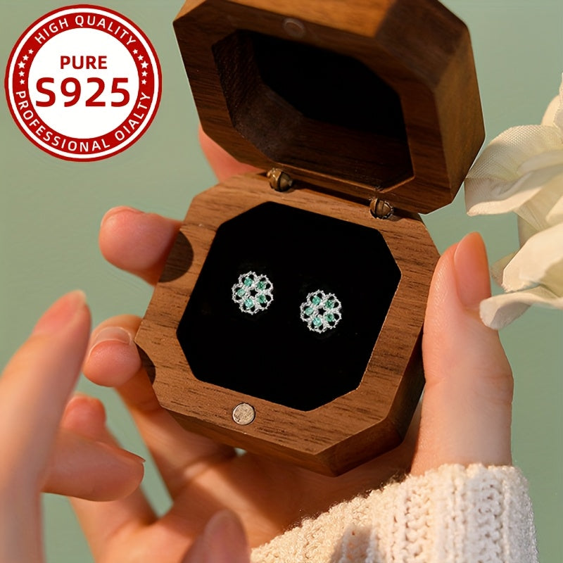 1 paire de boucles d’oreilles élégantes style français à fleur creuse avec zirconia synthétique vert – 1,1 g, argent sterling 925