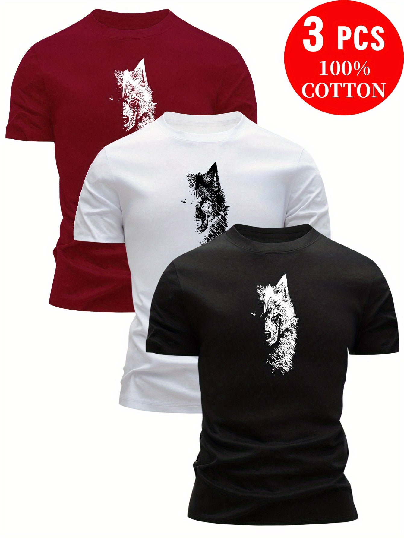 3pcs 100% Cotton T-Shirts with Wolf Graphic, Casual Crew Neck in Multiple Colors for Men