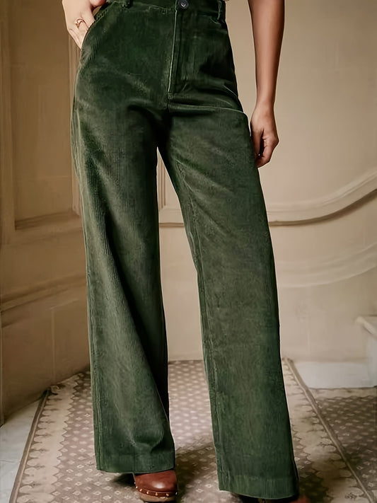 Pantalon Femme Élégant en Velours Côtelé – Jambe Droite, Olive, Taille Haute, Poches Fictives, Automne/Hiver, Bureau et Décontracté