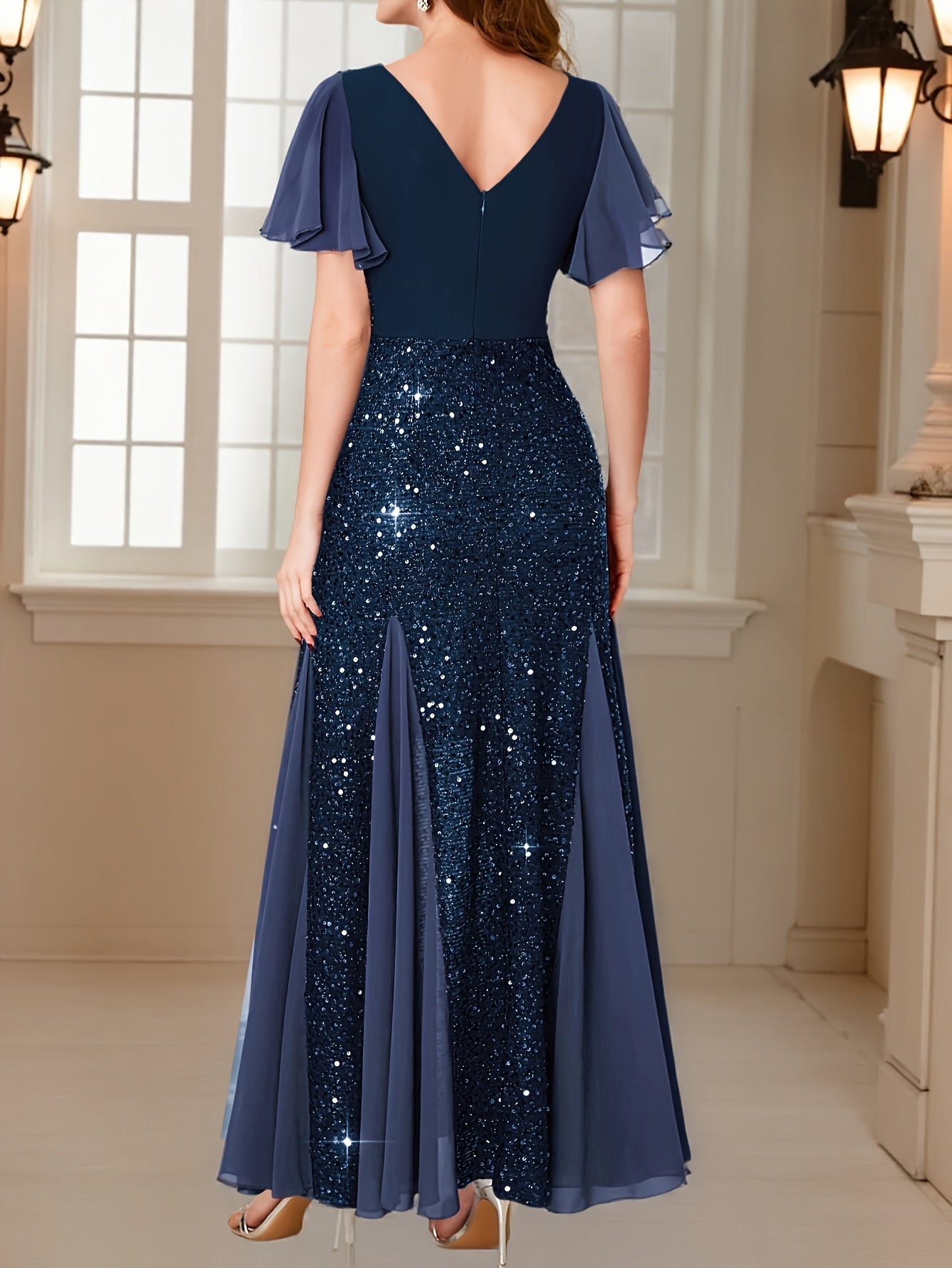 Women'S Elegant Sequin Lace Evening Maxi Dress with Sweetheart Neckline & Ruffle Sleeves - Floor-Length Formal Party Wedding Guest Dress in Navy Red/, All-Season Luxury Bridesmaid Gown for Galas & Special Occasions, Wedding D