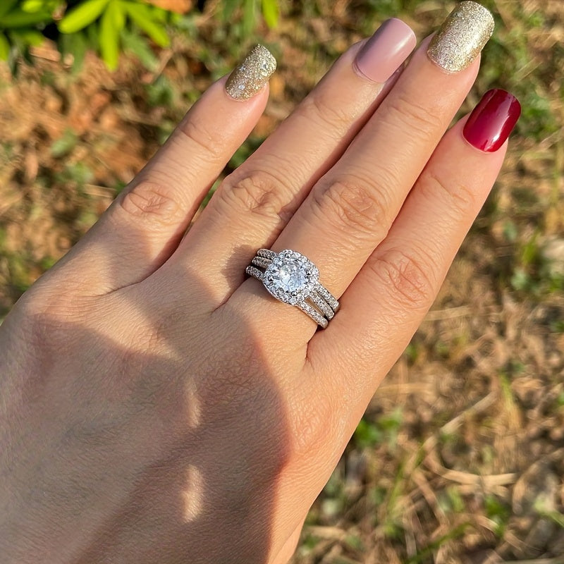 Set Of 3 Pieces Of Women's Princess Square Wedding Ring Set White Zirconia Fairy Engagement Ring Women's Party Bride Jewelry