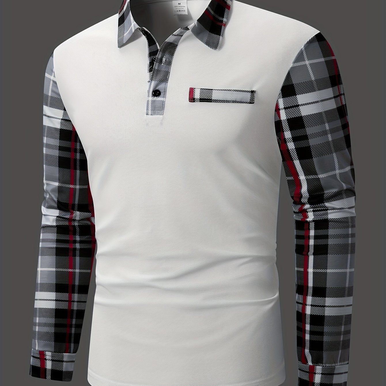 Men's Casual Plaid Long Sleeve Shirt with Chest Patch - Polyester, Button-Up Collar for Spring/Fall