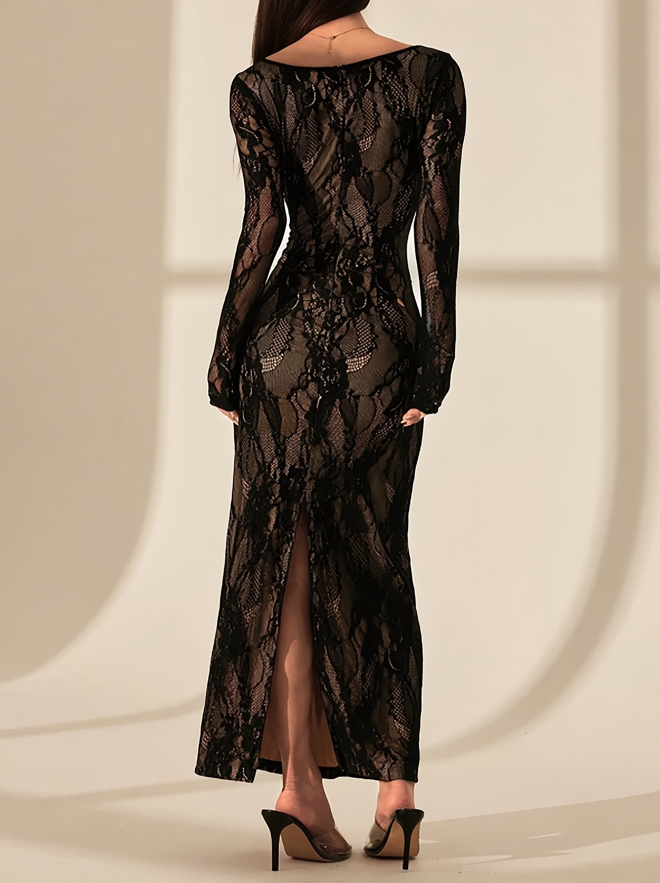 Women's Elegant Square-Neck Bodycon Lace Dress - Long Formal Party Wedding Guest Gown, Machine Washable - Long Dress with Full-Length Coverage, Non- Solid Color Elegant Partywear