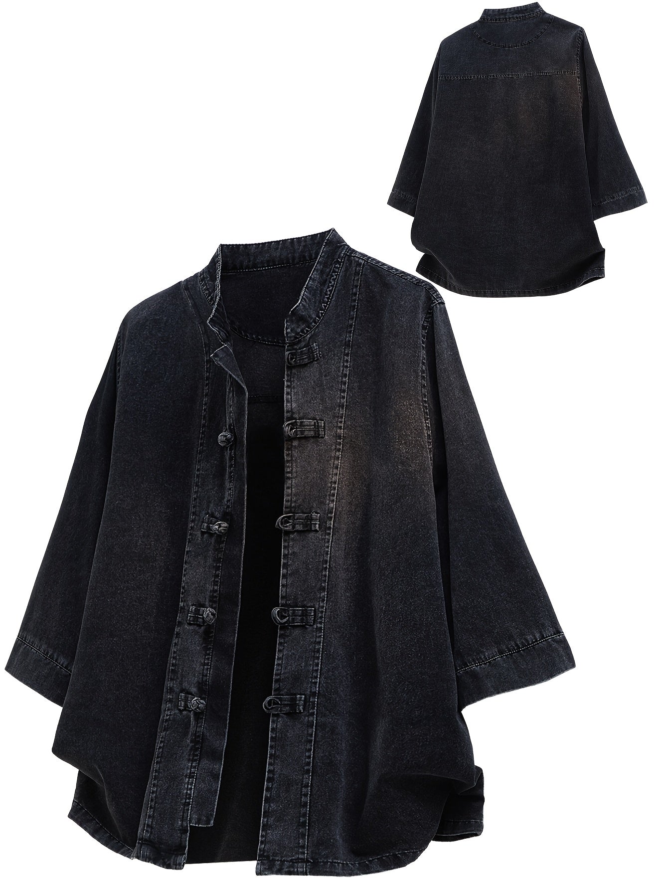 Xingmengzhi OBM Men's Denim Shirt, Loose-Fit Seven-Quarter Sleeve New Chinese Style Button-Up Top, Slim Stand Collar Denim Cardigan Lightweight Jacket