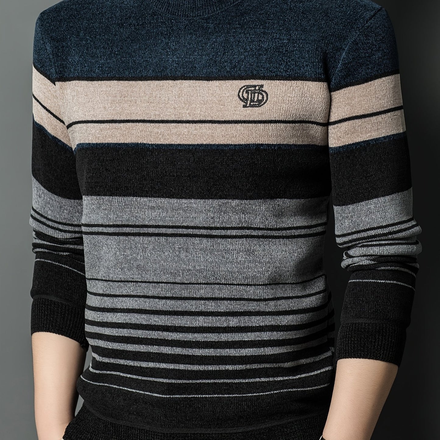 Men's Winter Thermal Fleece-Lined Striped Sweater - Thickened Warm Pullover with Embroidered Logo, Casual Round Neck Long Sleeve Knit Top, Machine Washable (Black/Brown/Beige), Cold Weather Apparel, Ribbed Texture, Comfortabl