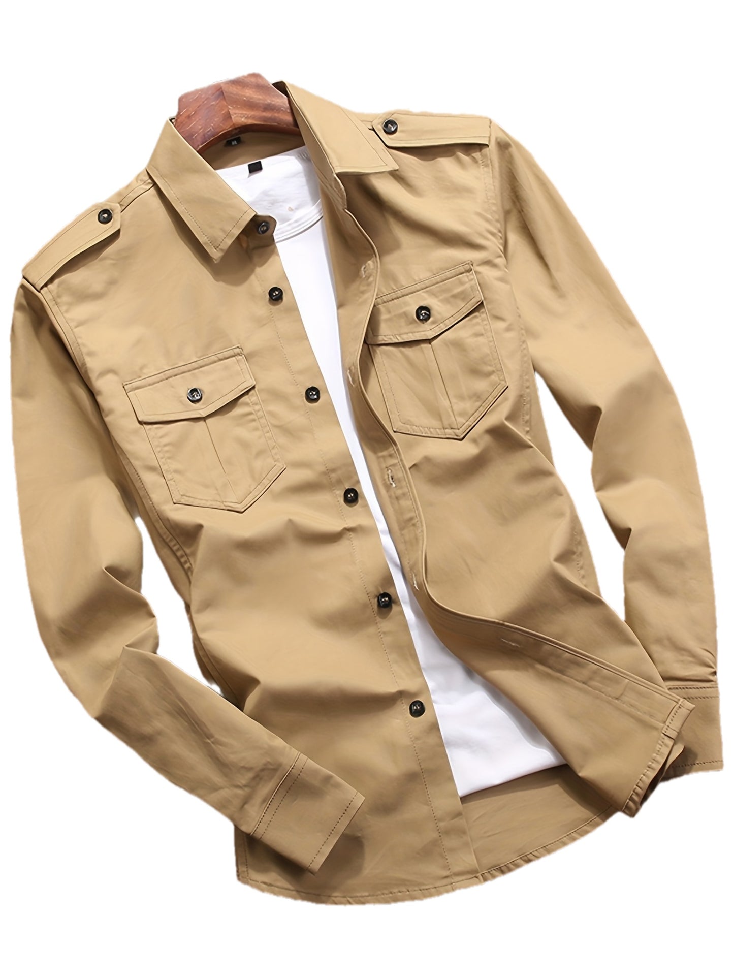 New Casual Men's Business Gentleman Square Collar Long Sleeve Multi-Pocket Army Green Shirt