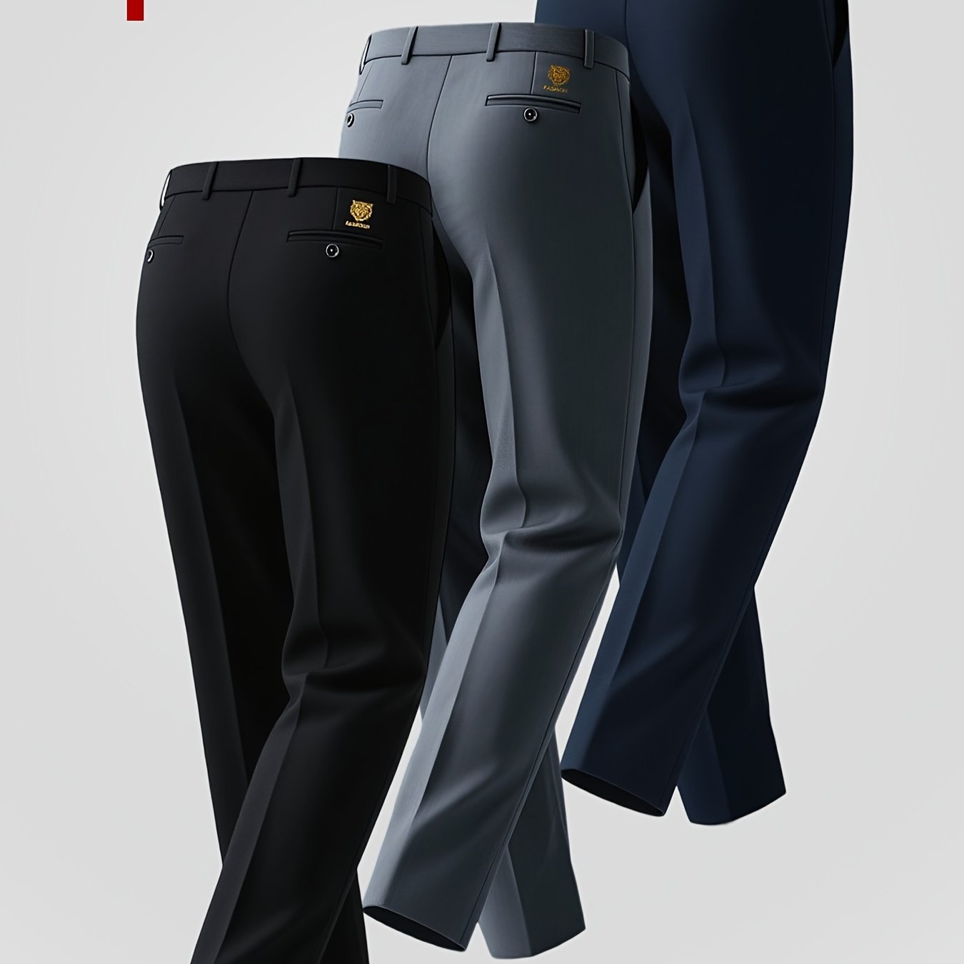 3pcs Pantalons Homme Business Casual – Léger, Stretch, Motif Brodé, Noir/Gris/Bleu Marine