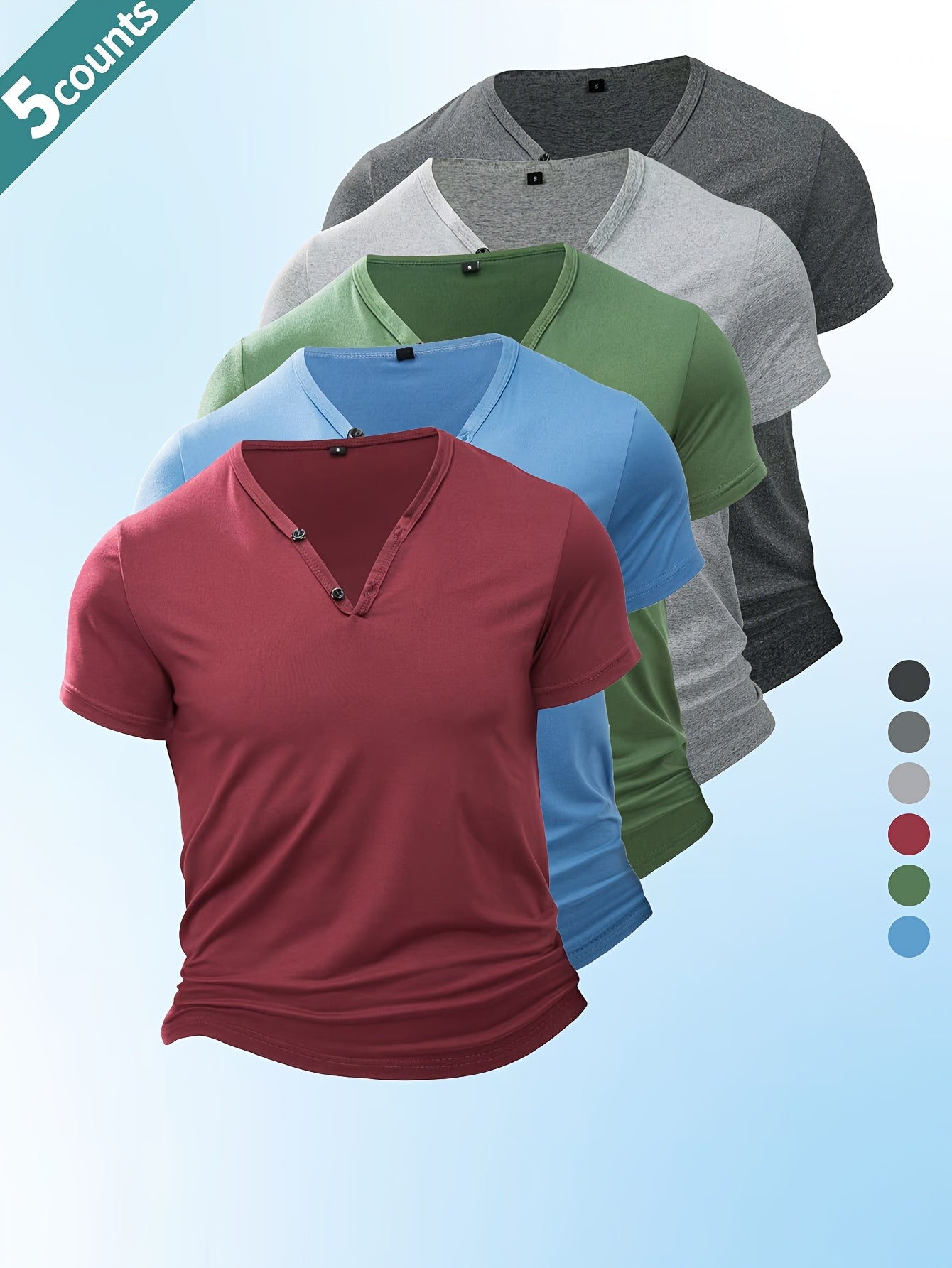 Lot de 5 Henley V-Neck Légers & Respirants Homme – Séchage Rapide