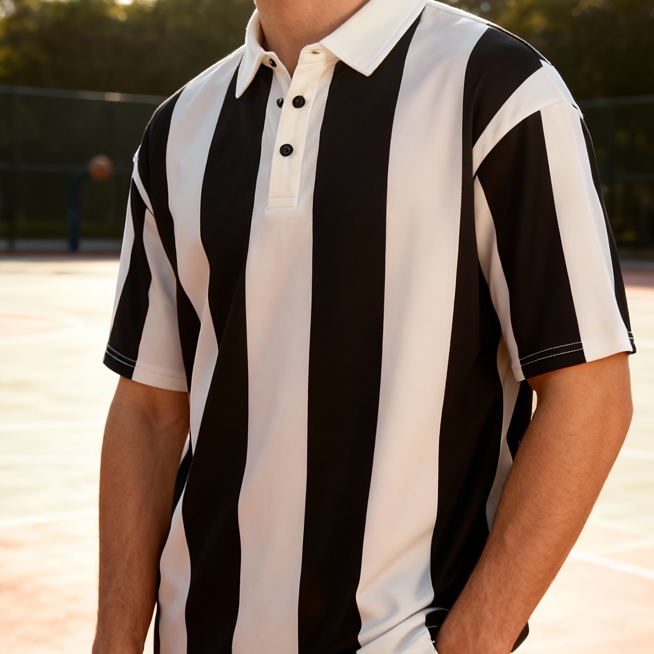 Retro Black and White Striped Men's Short Sleeve Shirt, Casual Loose Fit T-Shirt for Men