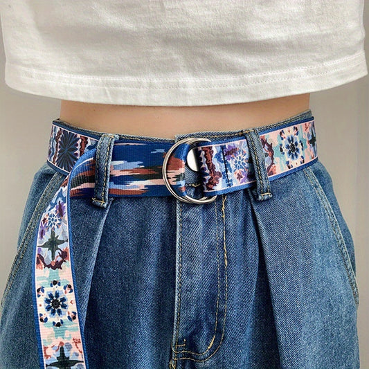 Ceinture ethnique à imprimé floral pour femmes– Boucle double anneau rétro colorée, ceinture ajustable pour jeans et tenues décontractées, accessoire de mode polyvalent, pièce tendance pour jeans