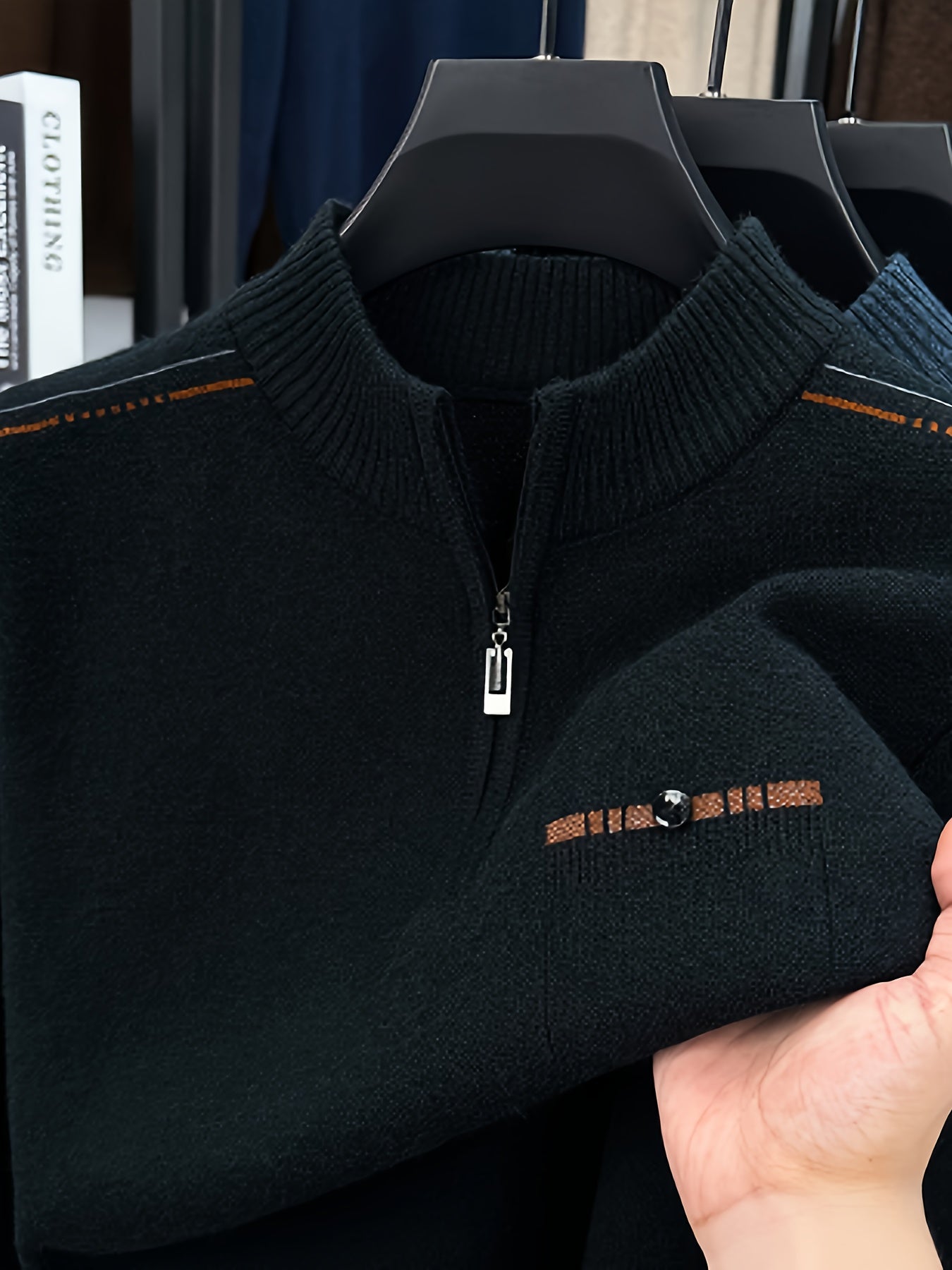 Men's Heavyweight Half-Zip Sweater - Stand Collar Zippered Winter Knit Sweater with Striped Collar & Back Logo, Dark Blue Casual Warm Pullover for Fall/Winter, Versatile Layering for Office & Casual Attire