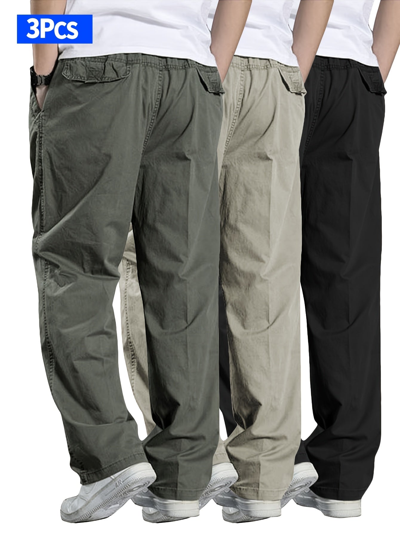 Lot de 3 Pantalons Cargo Homme – Taille Élastique à Cordon, Coupe Ample, Couleurs Unie, Poches, Printemps/Automne