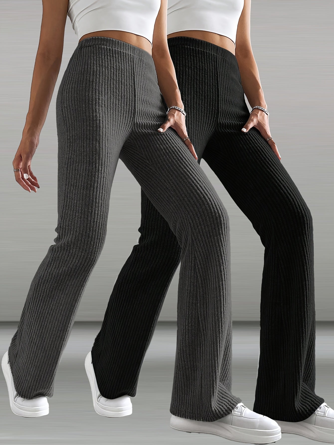 Lot de 2 Pantalons Femme Élégants – Jambe Large, Couleur Unie, Taille Élastique, Ourlet Évasé, Tous Saisons, Bureau et Décontracté