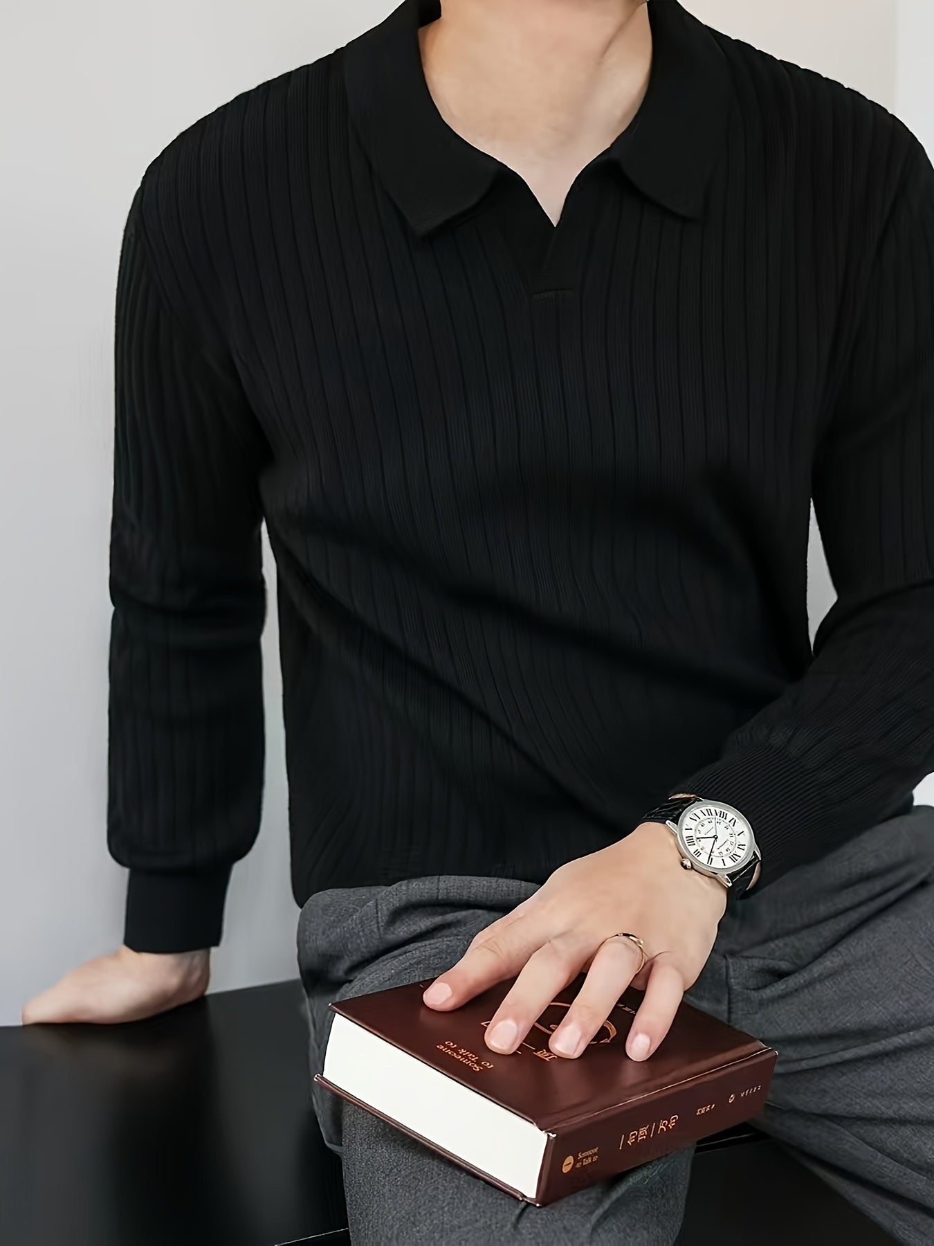 Iron Genghis OBM Men's Casual Long Sleeve Knit Sweater - Solid Color Ribbed Collar & Cuffs, High Elasticity Ribbed Texture, Regular Fit Autumn Winter Pullover, Ribbed Sweater, Everyday Pullover, Stylish Pullover, Highelastici