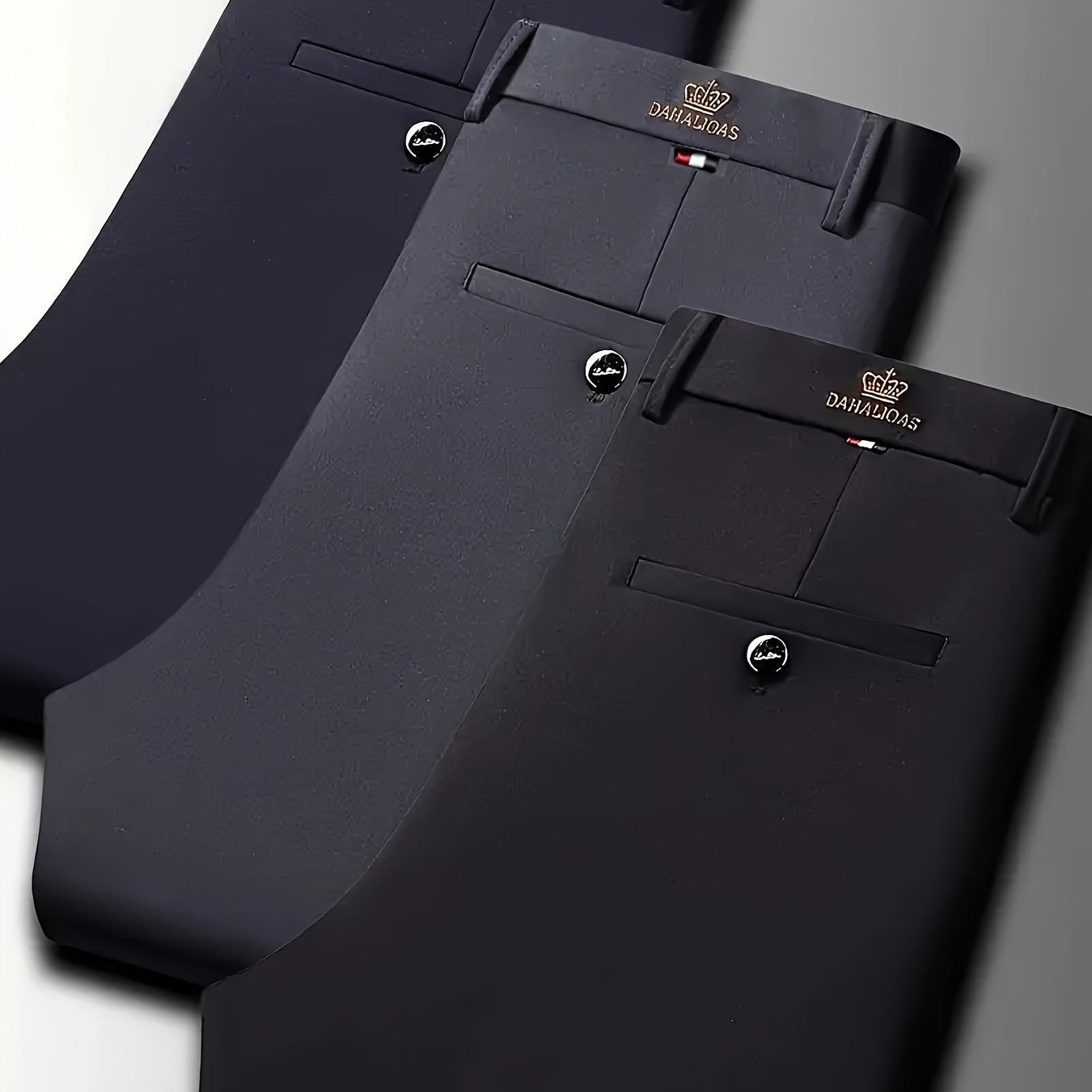 3pcs Pantalons Homme Business Casual – Stretch, Anti-Rides, Tout Saison, Logo, Zipper, Regular Fit