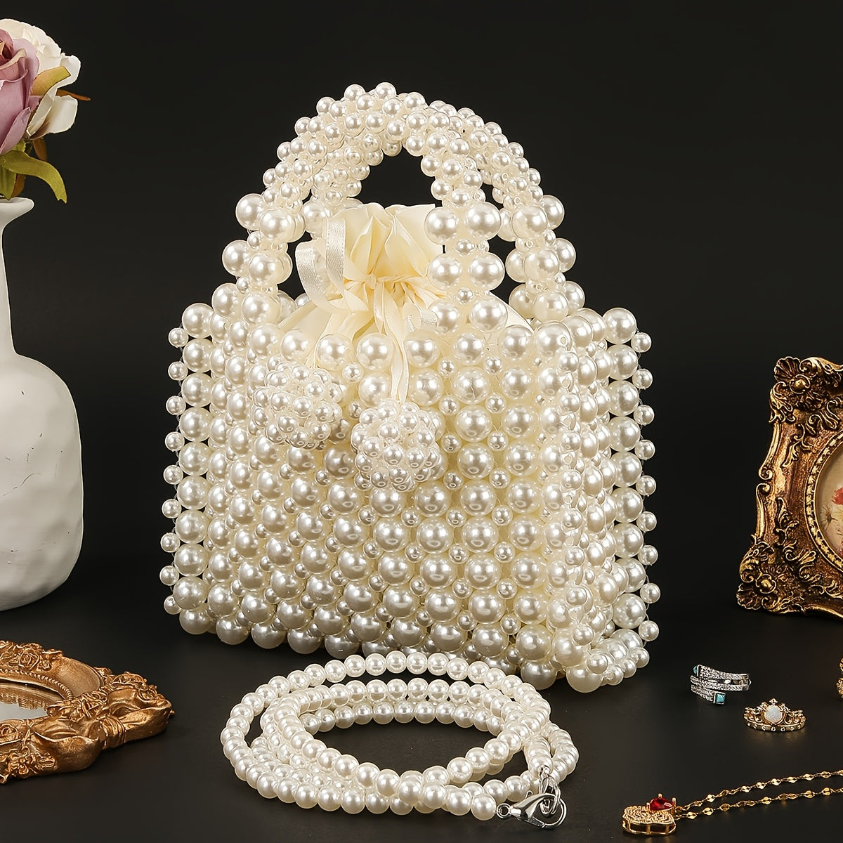 Pochette Élégante Bohème Perles – Avec Bandoulière Amovible, Design en Perles Plastique Fait Main, Quincaillerie Dorée, Parfaite pour Fêtes, Vacances et Événements Formels, Pochette de Soirée, Style Bohème, Pochette Durable en PU