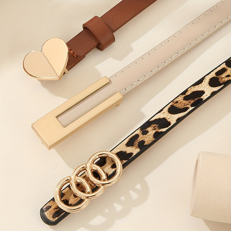 Lot de 3 ceintures pour femmes – Style preppy décontracté, imprimé léopard avec cœur, simple, matériaux non textiles, taille moyenne, sans plumes, instructions d’entretien : ne pas laver, pour jupe, jeans, déplacements quotidiens