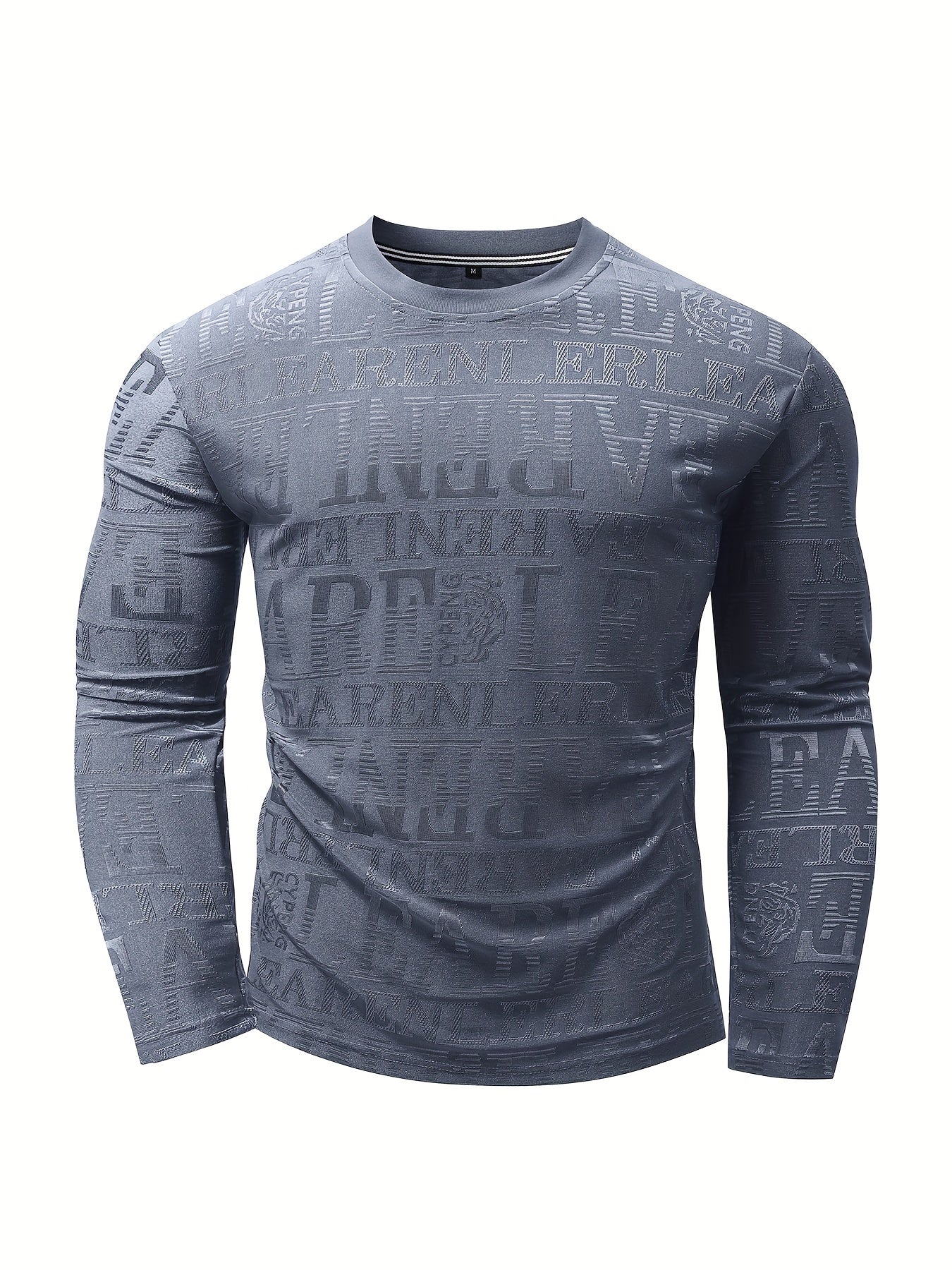Men's Slim-Fit Casual Long Sleeve T-Shirt with Geometric Letter Design - Breathable Polyester, Machine Washable
