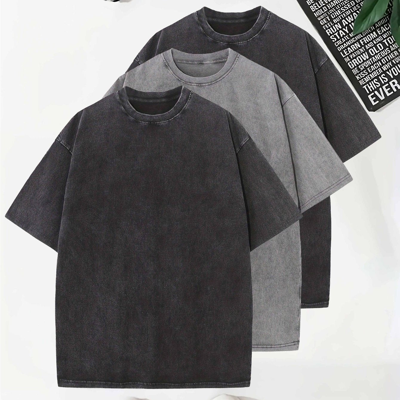 Temujin Starry 3pcs Washed Cotton Distressed 100% Pure 240g Crew Neck T Shirt, Simple and Fashionable