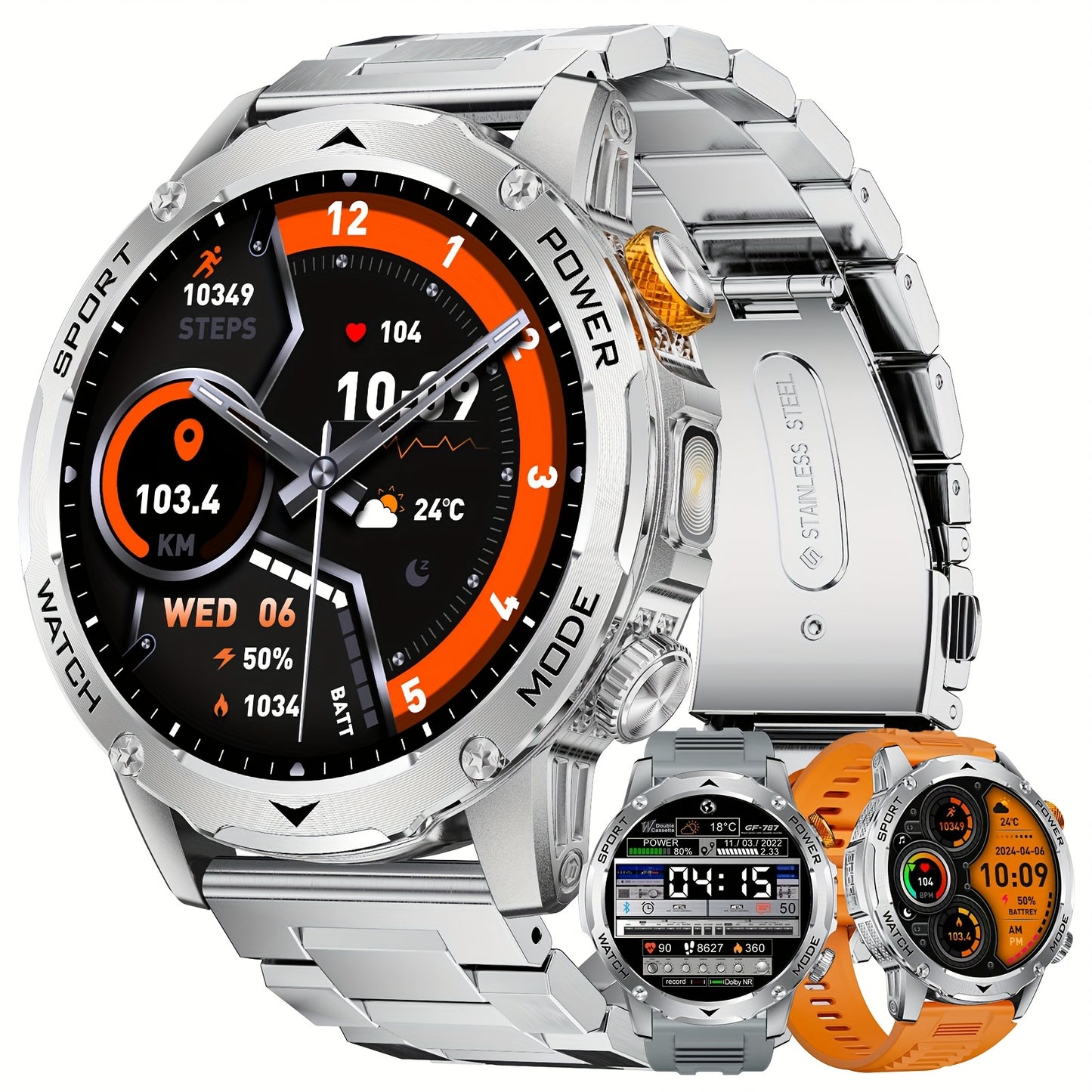 Montre Connectée Homme – Écran HD 4,45 cm, Plus de 50 Modes, Autonomie Ultra Longue avec Batterie 1000 mAh, Fonctions Téléphone, 110+ Modes Sport, Suivi du Sommeil, Podomètre, Compatible Android et iPhone, Lot de 3 Bracelets avec Lumière Flash