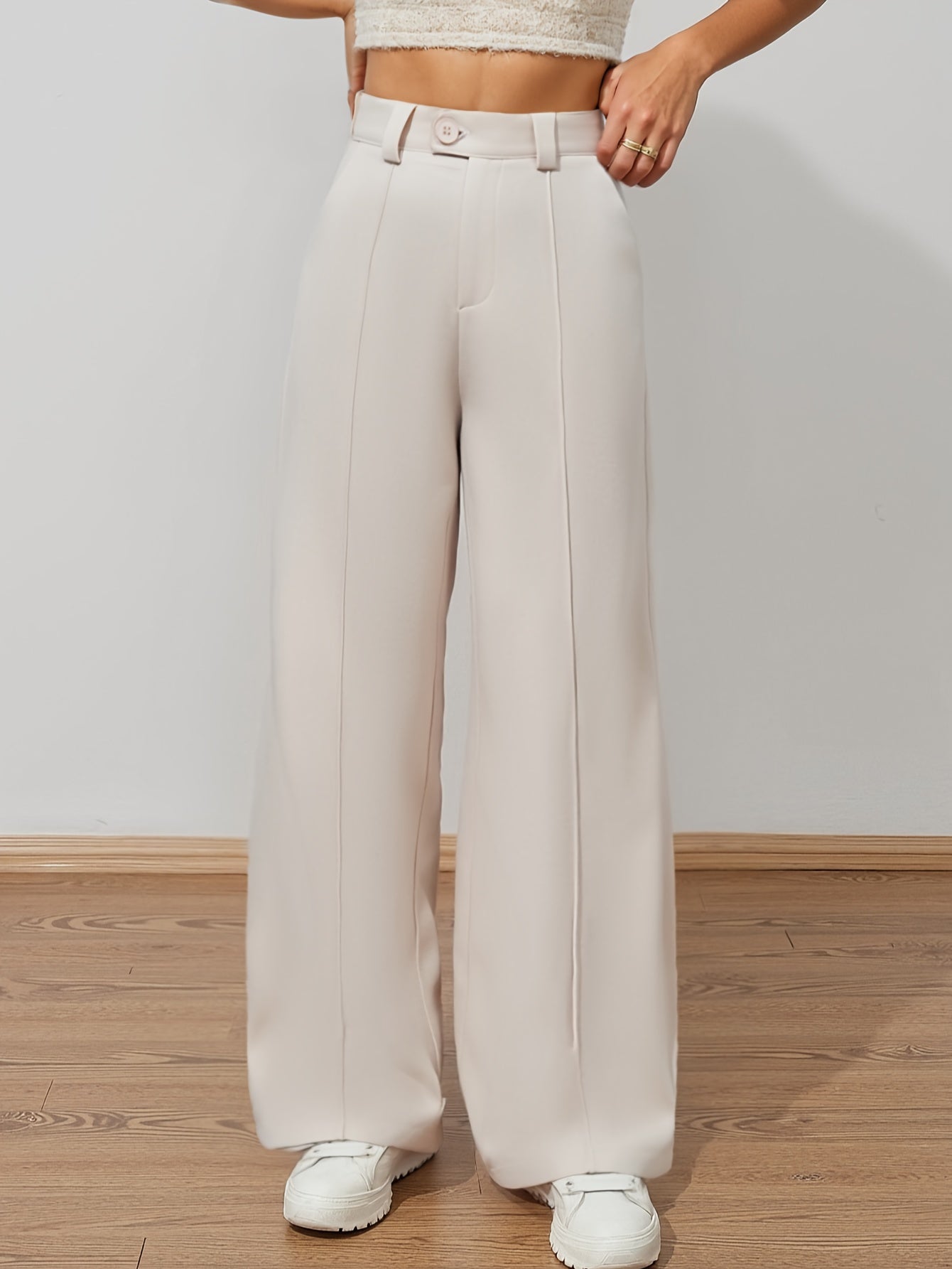 Pantalon Femme Taille Haute – Jambe Large Noir, Fermeture Boutons Sans Ceinture, Bureau et Décontracté, Tous Saisons