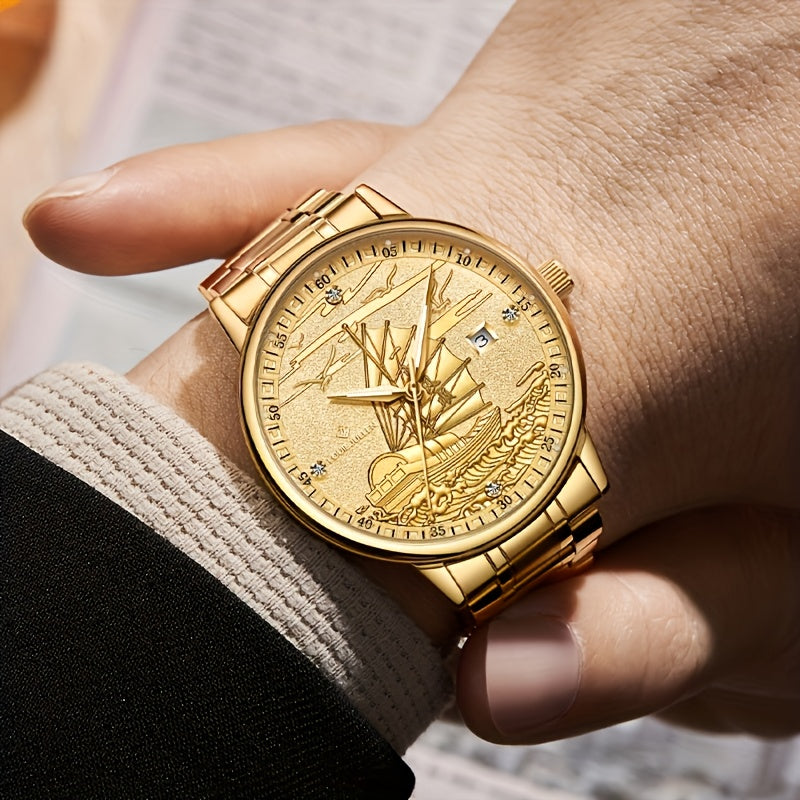 Battery-Free Men's Automatic Mechanical Watch, Smooth Sailing Series, All-Golden Noble Men's Wristwatch, Suitable as a Gift for Family, Partner, and Friends, Formal Accessory, Stylish Timepiece, Classic Watch, Elegant Timepie