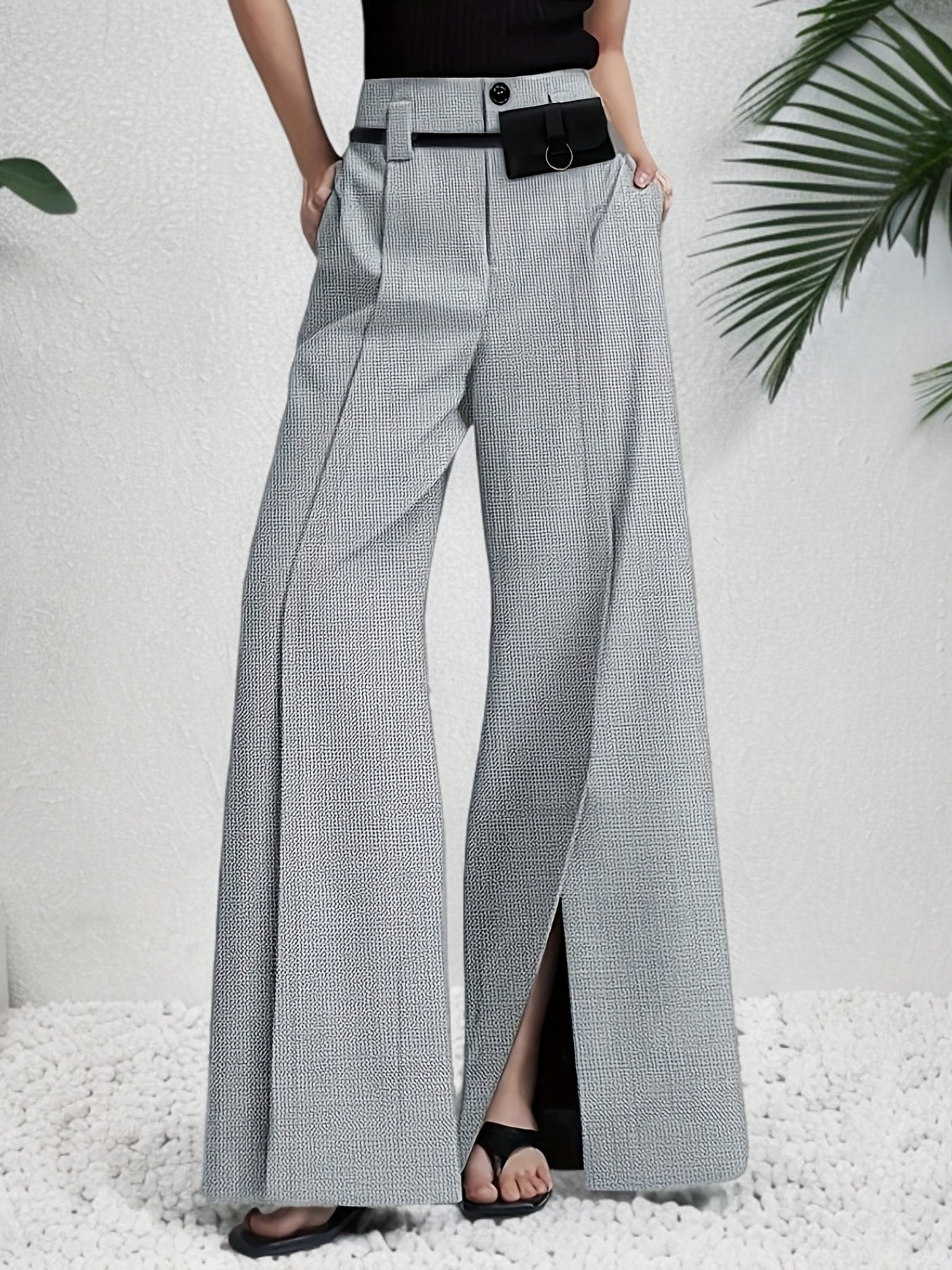 Pantalon Femme Élégant Jambe Large – Polyester, Couleur Unie, Fente Avant et Poches, Fermeture Zippée, Confortable, Automne/Hiver