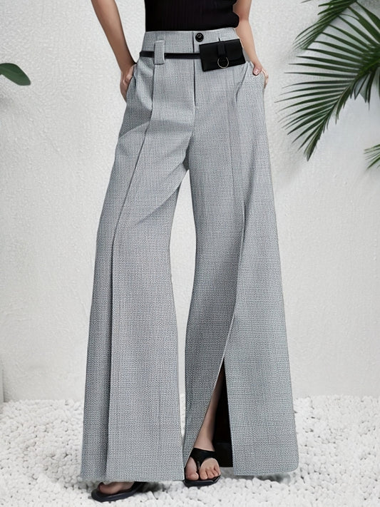 Pantalon Femme Élégant Jambe Large – Polyester, Couleur Unie, Fente Avant et Poches, Fermeture Zippée, Confortable, Automne/Hiver