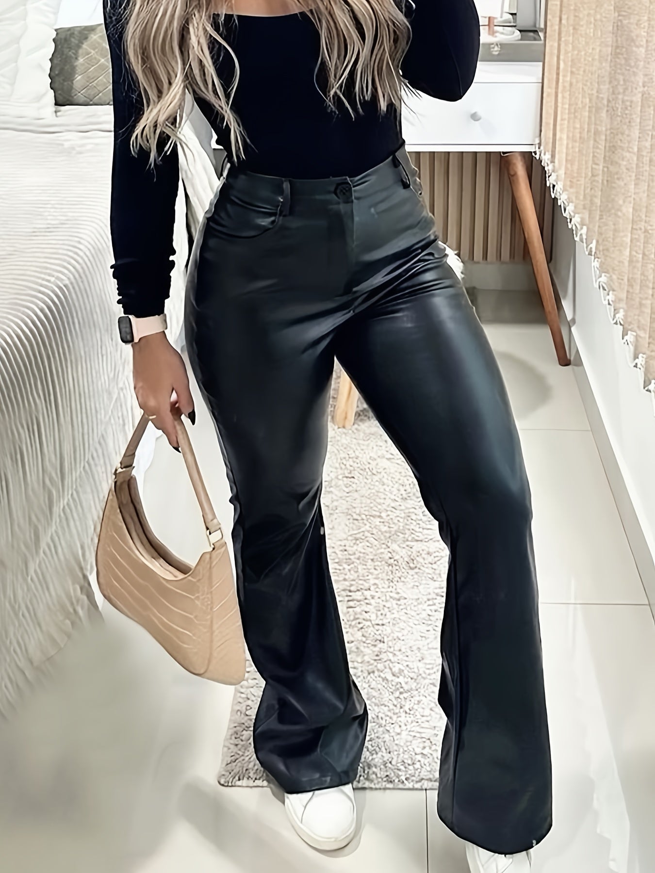 Pantalon Femme Élégant Taille Haute – Jambe Large Effilée, Noir Brillant, Longueur Sol, Printemps/Été, Bureau et Soirée