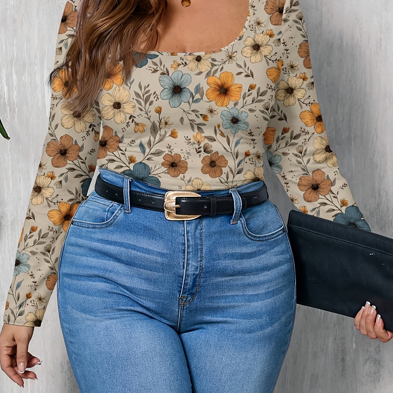 T-shirt grande taille pour femmes, col carré, imprimé floral, tissu extensible, toutes saisons, tenues décontractées ou formelles