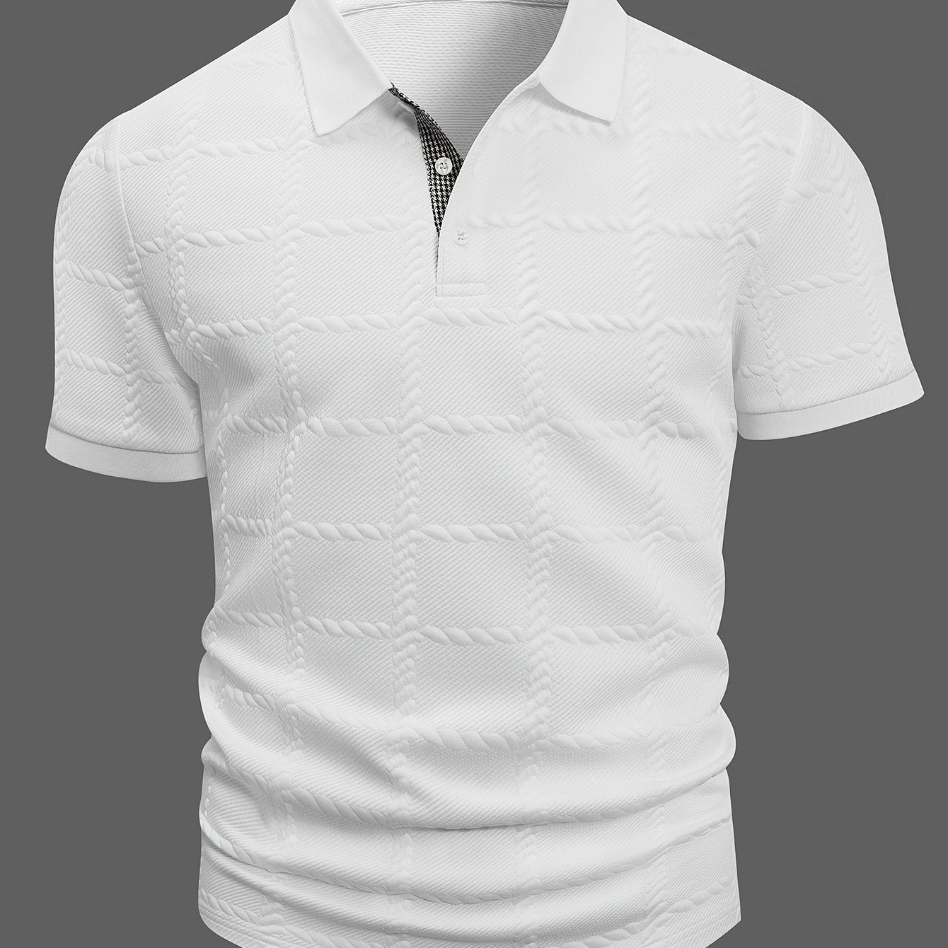 Men's Short Sleeve Shirt with Geometric Jacquard Textured Check Pattern, Classic Solid Color Flat Knit Ribbed Collar and Cuffs, Houndstooth Patch Design on Placket, Golf Casual Wear, Everyday Workwear, Outdoor Casual Clothing