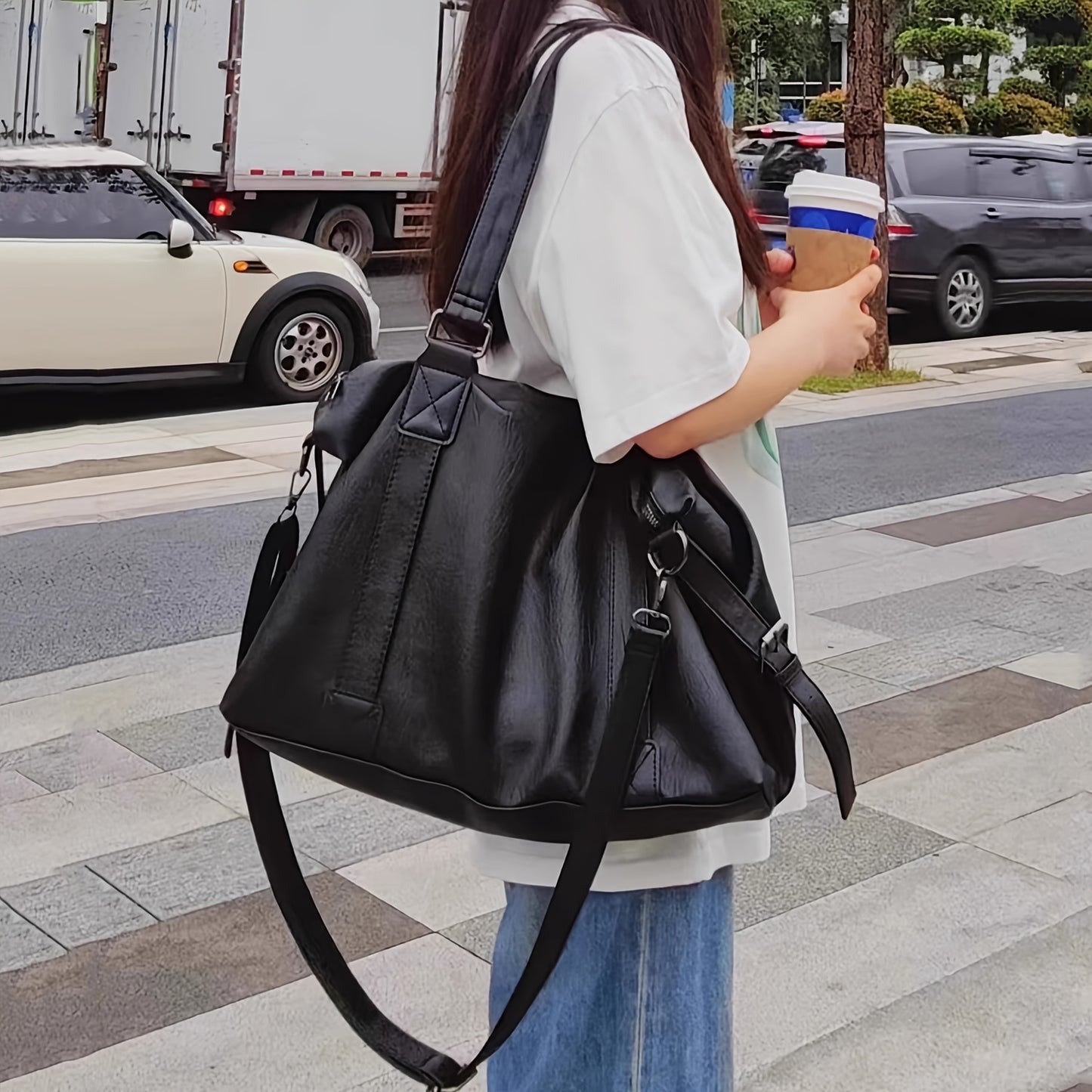 Sac fourre-tout grande capacité noir en PU – bandoulière et crossbody polyvalent, multiples compartiments, sangle réglable, idéal pour voyage et usage quotidien