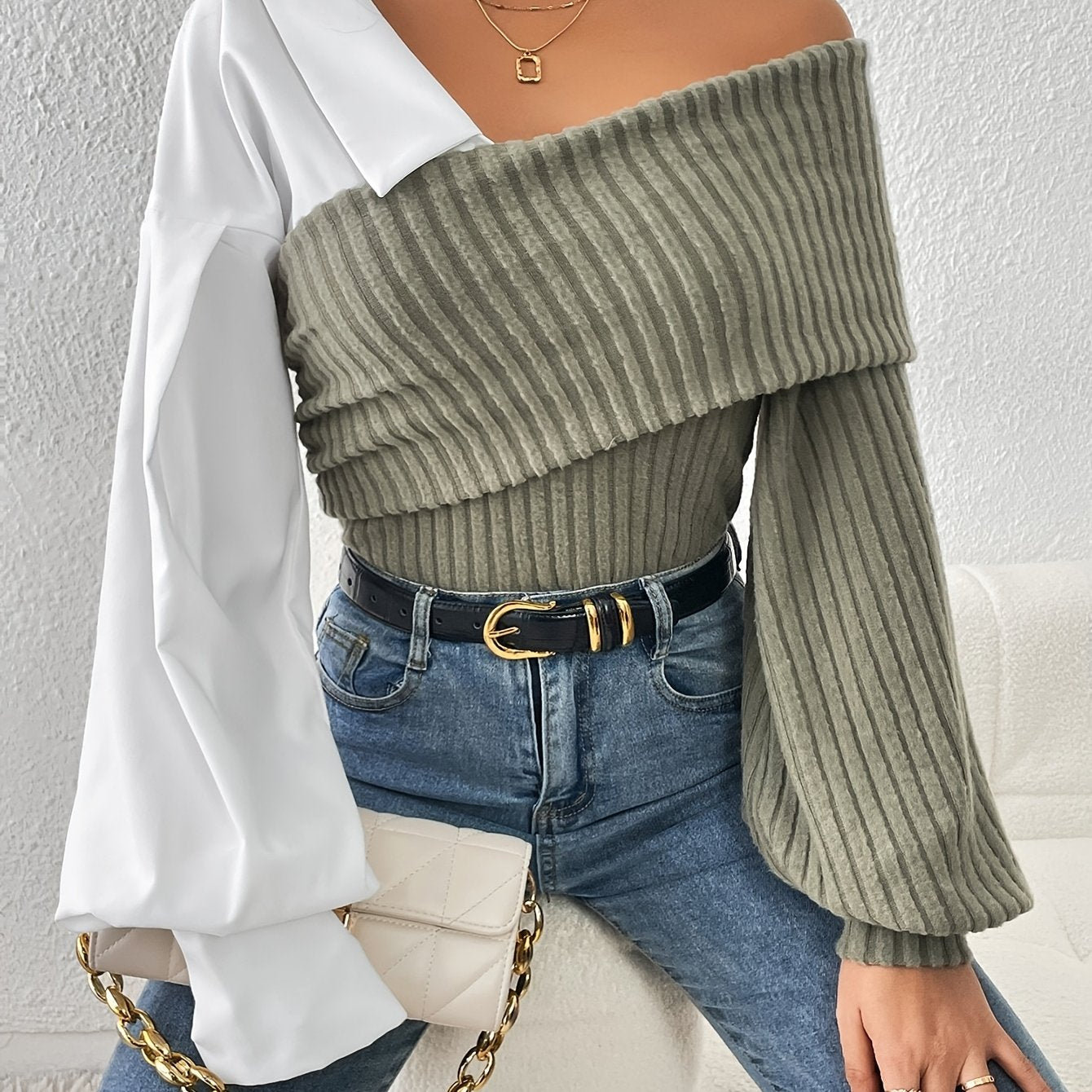 Top élégant à une épaule pour femmes – Patchwork, sans bretelles, mélange polyester/rayon/spandex, casual, automne/hiver