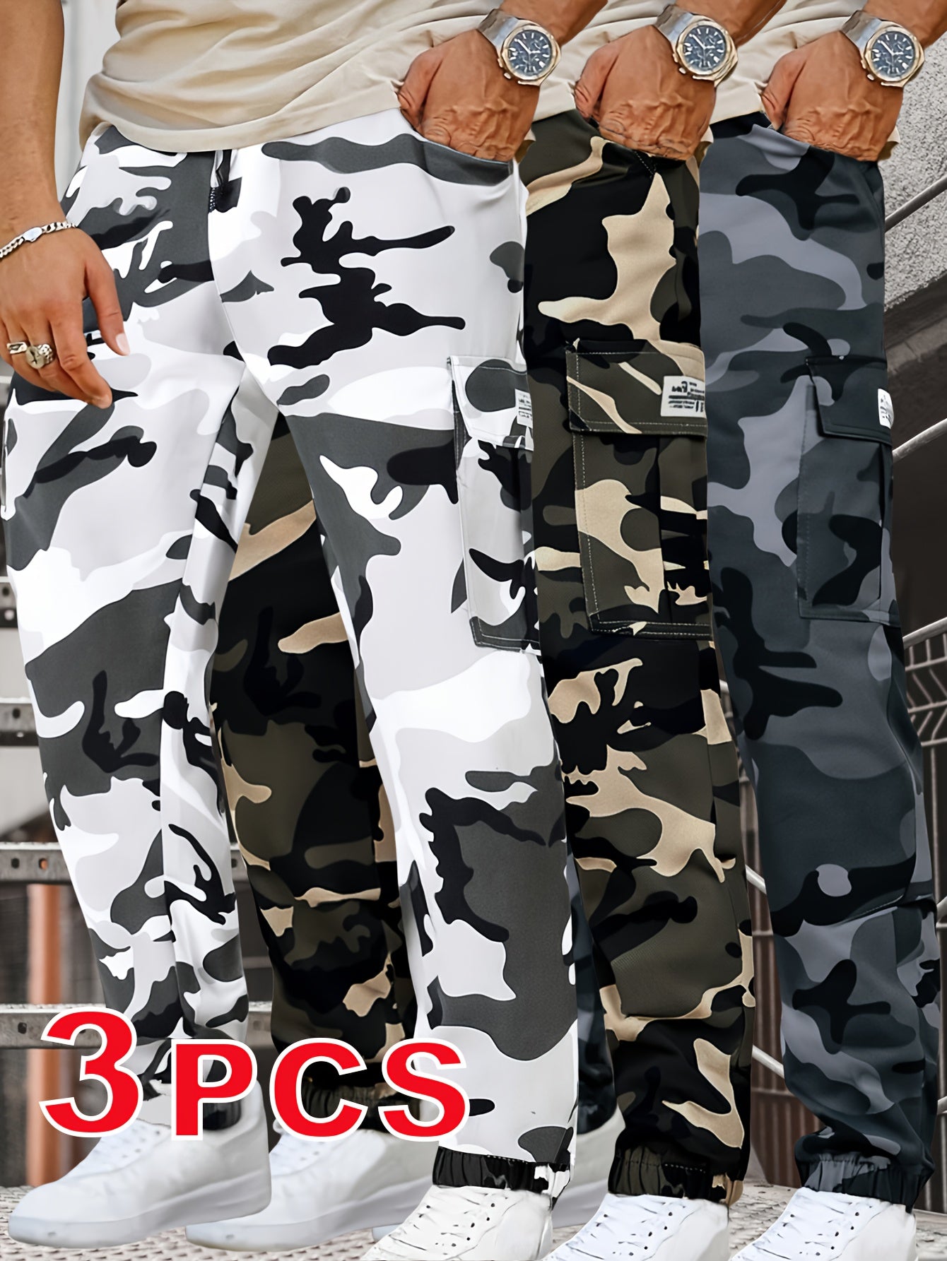 Lot de 3 pantalons de travail homme camouflage – Pantalons cargo tactiques toutes saisons avec poches utilitaires, taille à cordon, tissu non extensible – Idéal extérieur, construction, randonnée, camping – Lavable en machine