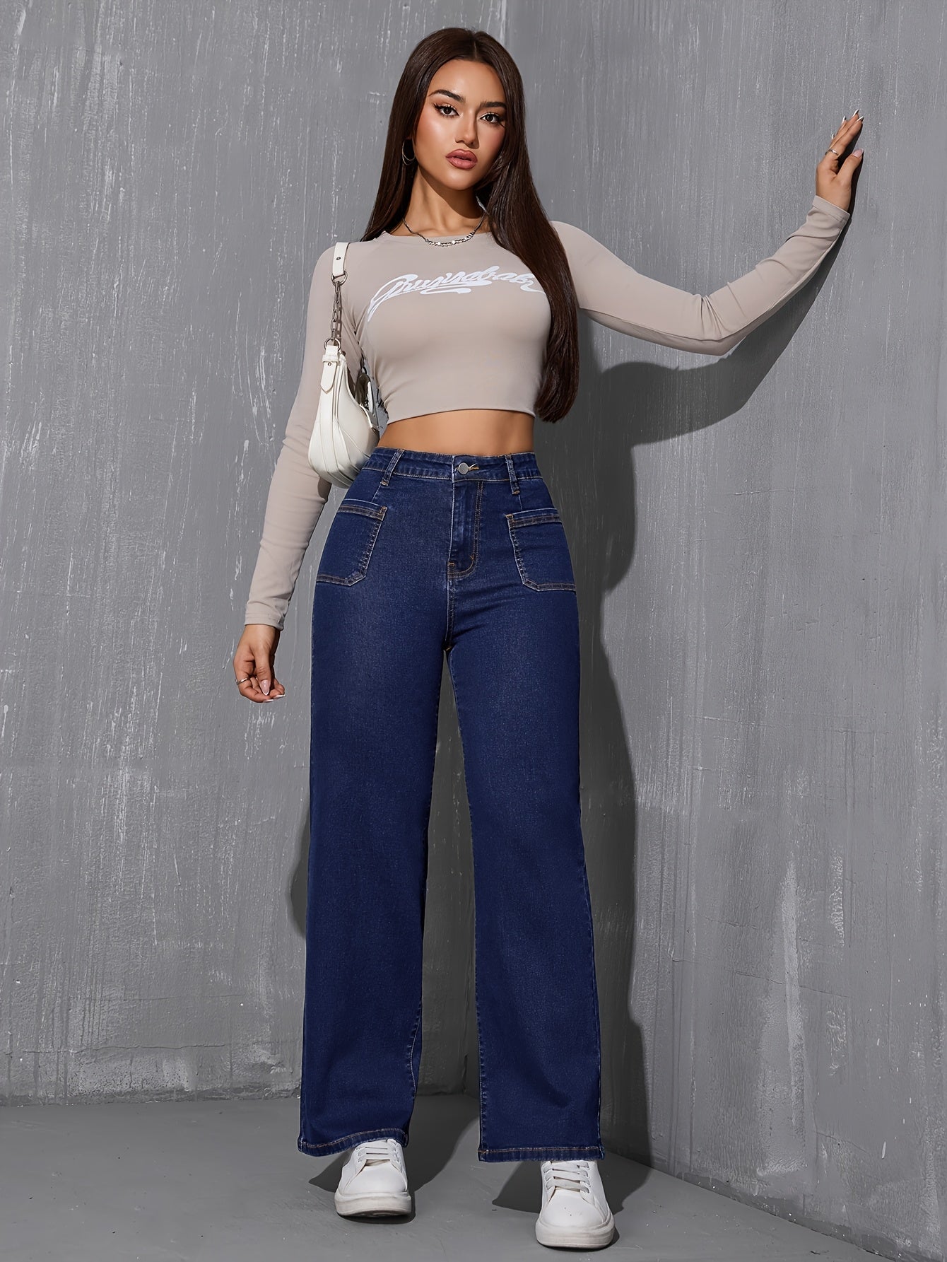 Jeans Femme Jambe Droite Décontracté Taille Élastique Poches Denim Extensible Couleur Unie Longue Printemps Automne Polyvalent