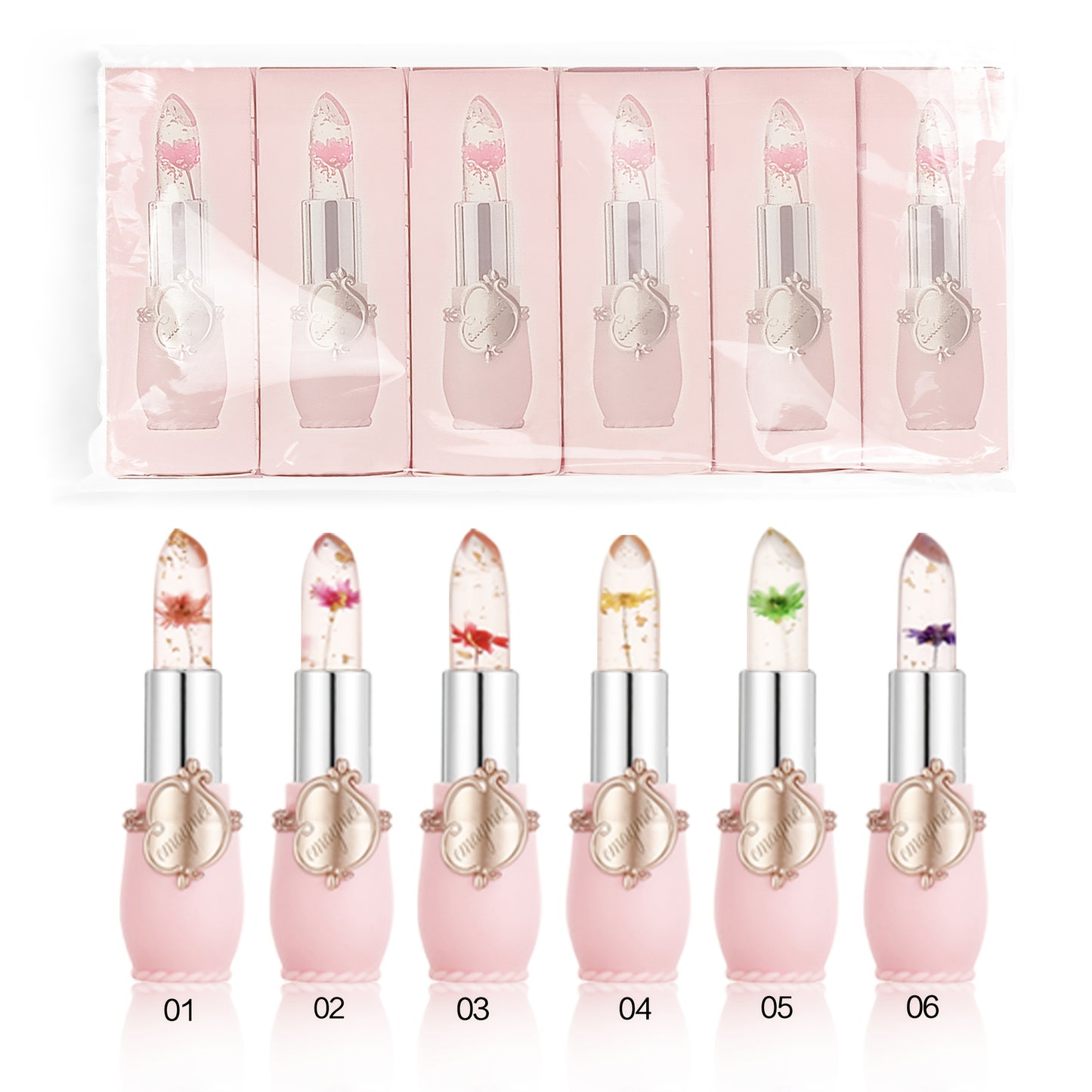 Set 6 Pièces Rouge à Lèvres Gelée – Fleurs Séchées, Changeant de Couleur avec la Température, Transparent, Anti-Transfert, Emballage Individuel, Combinaison de Teintes