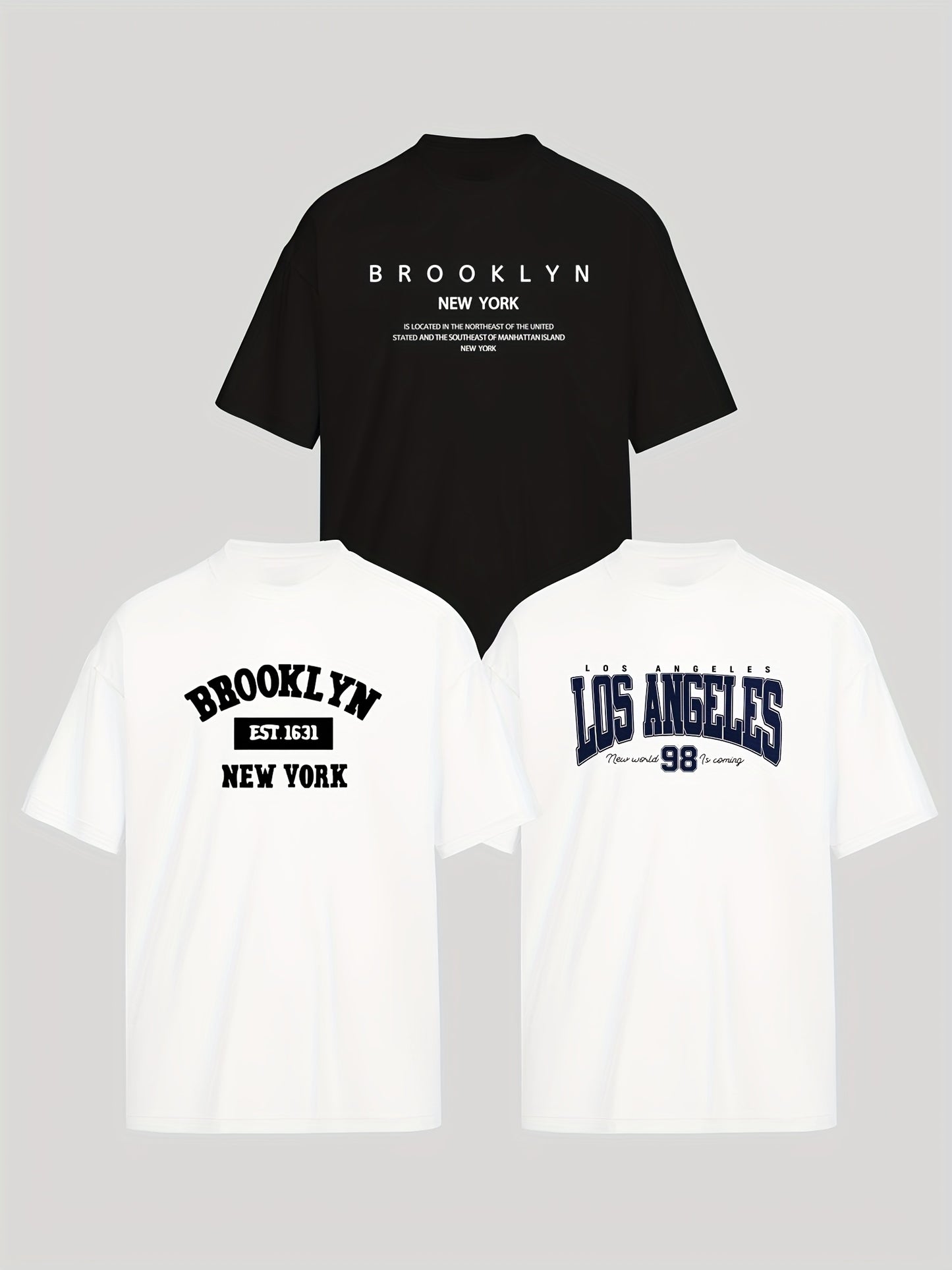 Three-Piece Set: Men's Casual Fashion BROOKLYN, LOS ANGELES Print Drop Shoulder Short Sleeve T-Shirt, Comfortable and Versatile