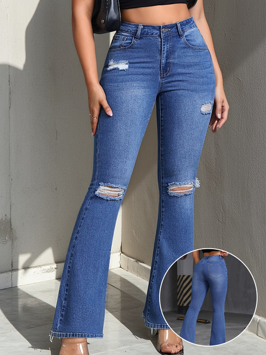 Jeans Femme Évasé Extensible Effet Déchiré Décontracté Style Bell-Bottom
