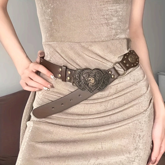 1 pc ceinture en PU pour femmes – Style rétro Y2K bohème, large bande de taille sculptée avec boucle cœur et détails rivetés, ceinture polyvalente pour pantalons, usage quotidien, sorties en soirée, occasions festives